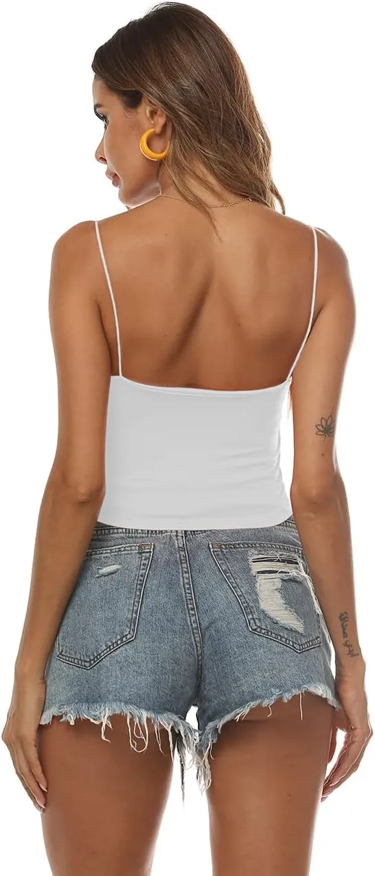 Amilia Women's Basic Solid Cami Spaghetti Double Layer Crop Tank Top