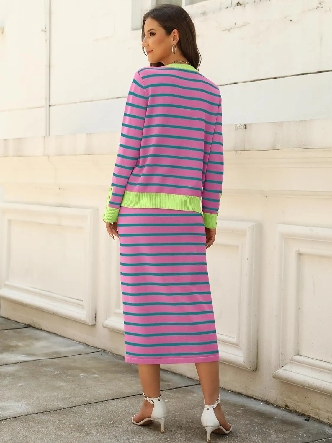 ANRABESS Women 2 Piece Outfits Striped Sweater Skirt Sets 2025 Fall Casual Long Sleeve Pullover Top Lounge Travel Midi Dress