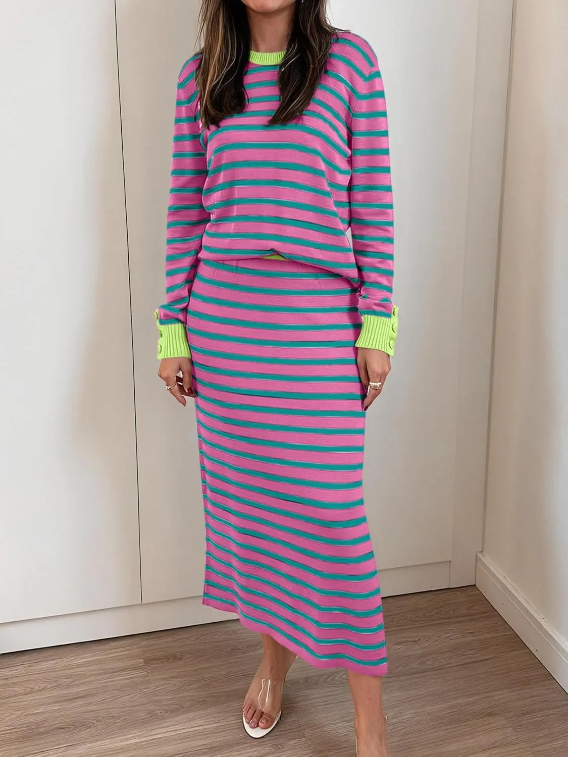 ANRABESS Women 2 Piece Outfits Striped Sweater Skirt Sets 2025 Fall Casual Long Sleeve Pullover Top Lounge Travel Midi Dress