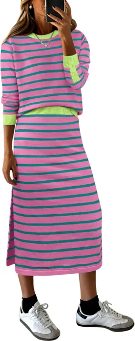 ANRABESS Women 2 Piece Outfits Striped Sweater Skirt Sets 2025 Fall Casual Long Sleeve Pullover Top Lounge Travel Midi Dress