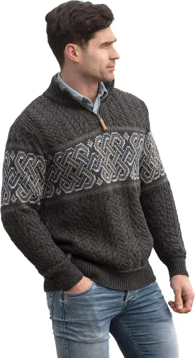 Aran Crafts Men's Irish Cable Knit Half Zip Jacquard Sweater (100% Merino Wool)
