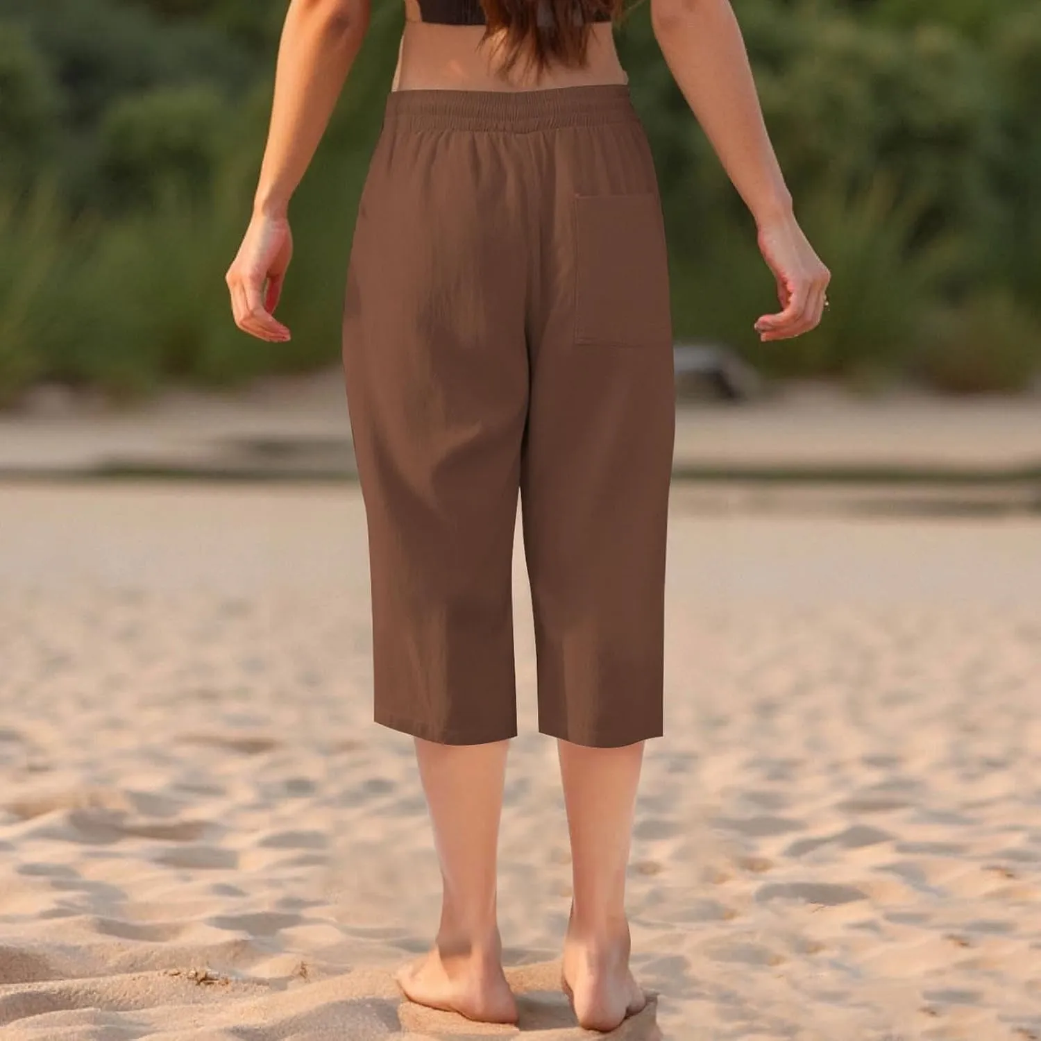 Capri Pants for Women Casual Summer Drawstring Elastic High Waist Linen Pant Wide Leg Plus Size Lounge Capris