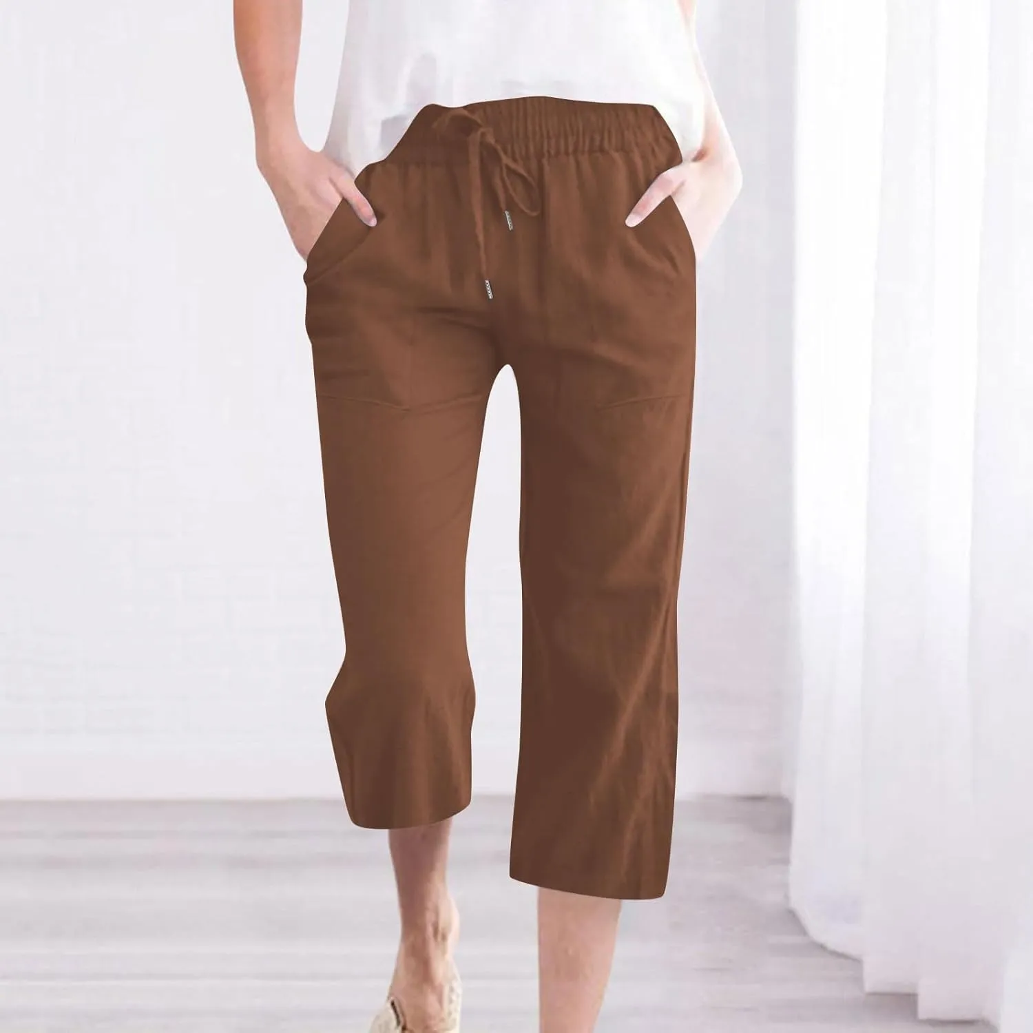 Capri Pants for Women Casual Summer Drawstring Elastic High Waist Linen Pant Wide Leg Plus Size Lounge Capris