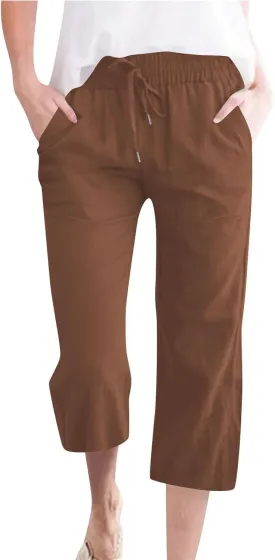 Capri Pants for Women Casual Summer Drawstring Elastic High Waist Linen Pant Wide Leg Plus Size Lounge Capris
