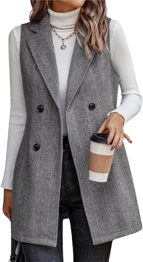 chouyatou Women's Casual Double Breasted Long Wool Vest Notched Lapel Sleeveless Wool Blend Trench Pea Coat