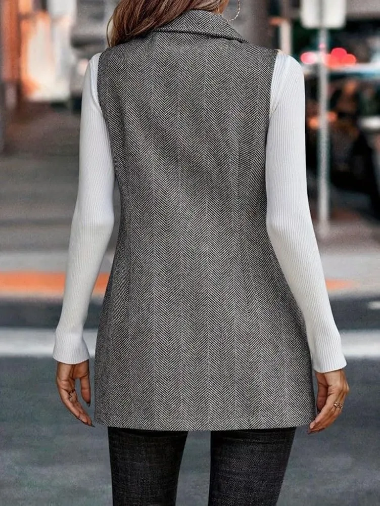 chouyatou Women's Casual Double Breasted Long Wool Vest Notched Lapel Sleeveless Wool Blend Trench Pea Coat