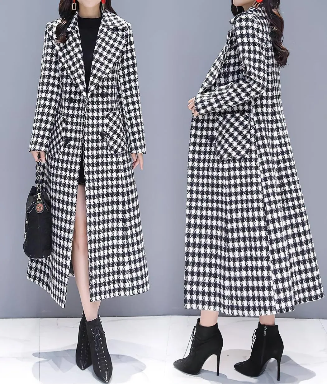 chouyatou Women's Houndstooth Notched Collar Double Breasted Overcoat Plaid Wool Blend Long Trench Coat