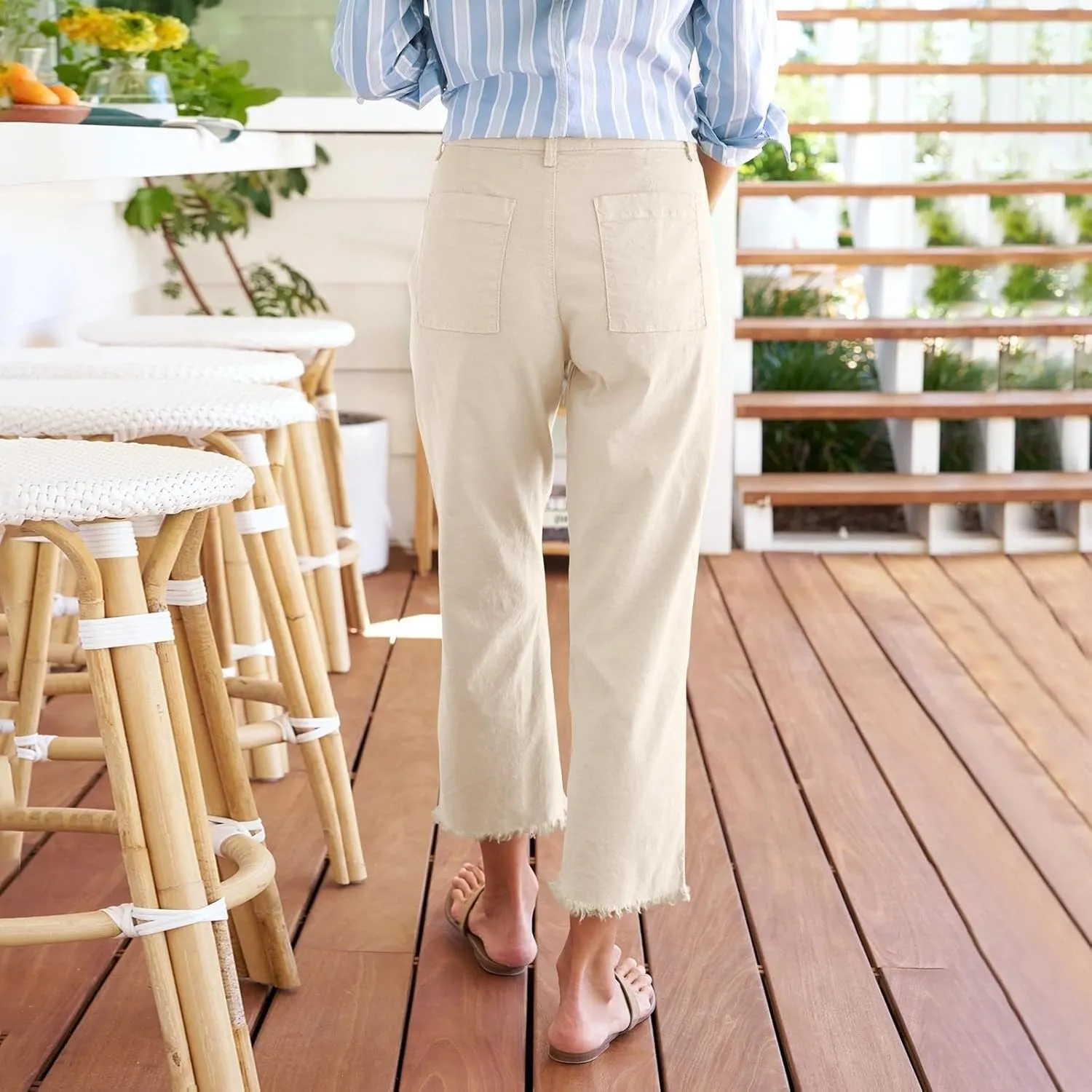 Cotton Linen Cropped Pants Women Straight Leg Capris Summer Business Casual Work Pants Ankle Length Chino Trousers