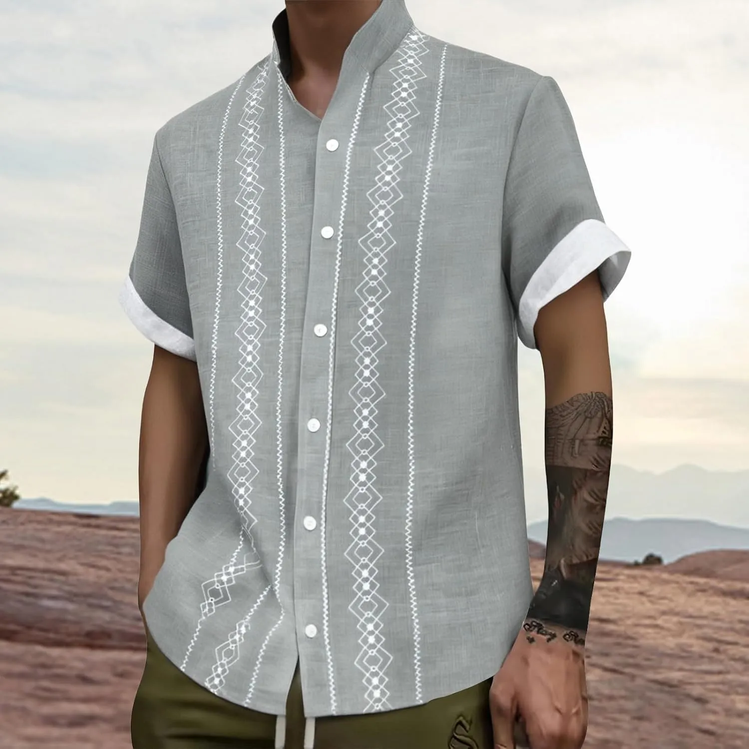CRNTCEM Mens Button Down Boho Beach Shirts Cotton Linen Tropical Holiday Shirts Short Sleeve Floral Striped Casual Shirt