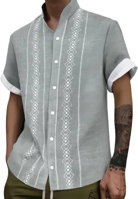 CRNTCEM Mens Button Down Boho Beach Shirts Cotton Linen Tropical Holiday Shirts Short Sleeve Floral Striped Casual Shirt