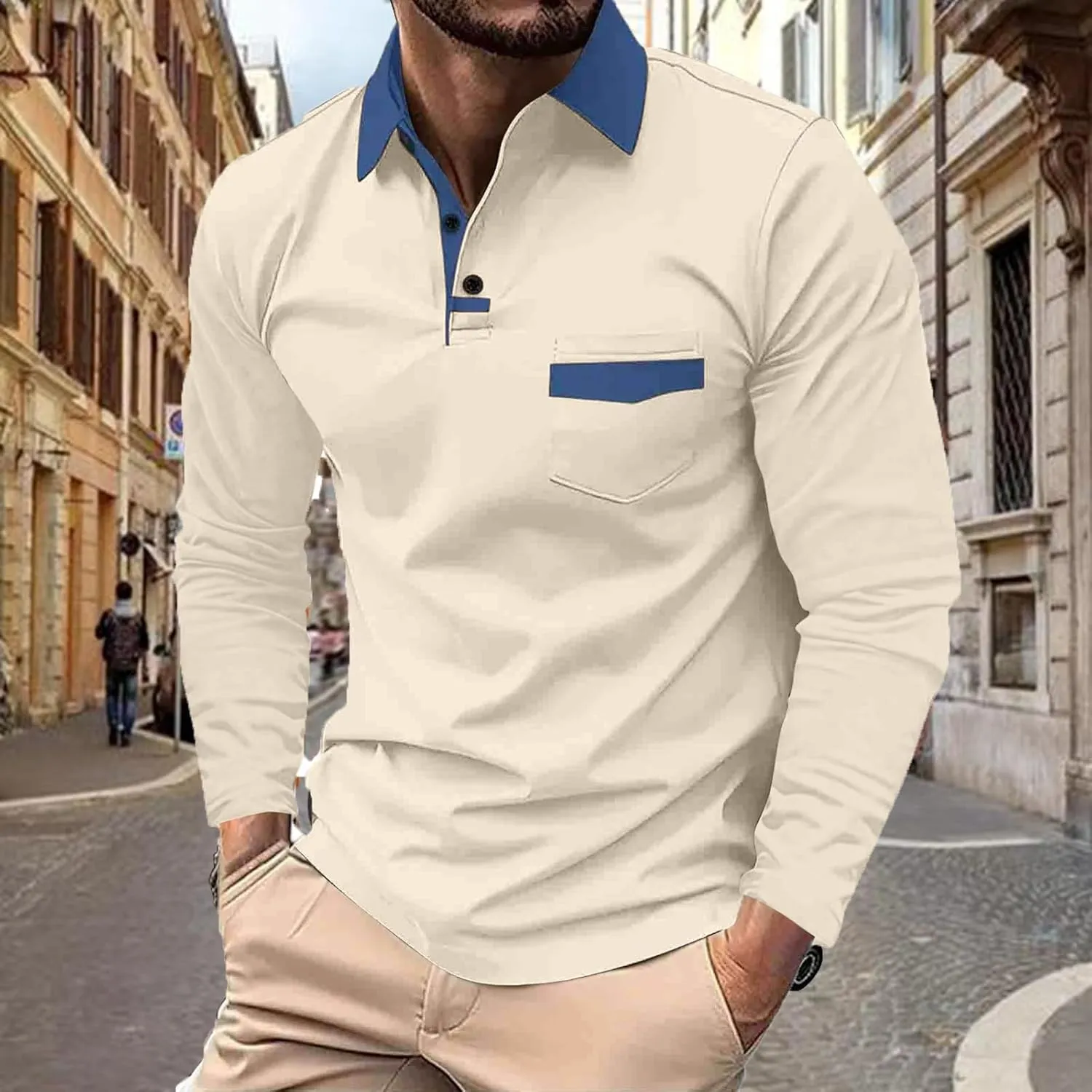 DEEX Men's Polo Shirts Long Sleeve Casual Fashion Polo Tee Shirts Color Block Slim Fit Golf Polo Shirt with Pocket