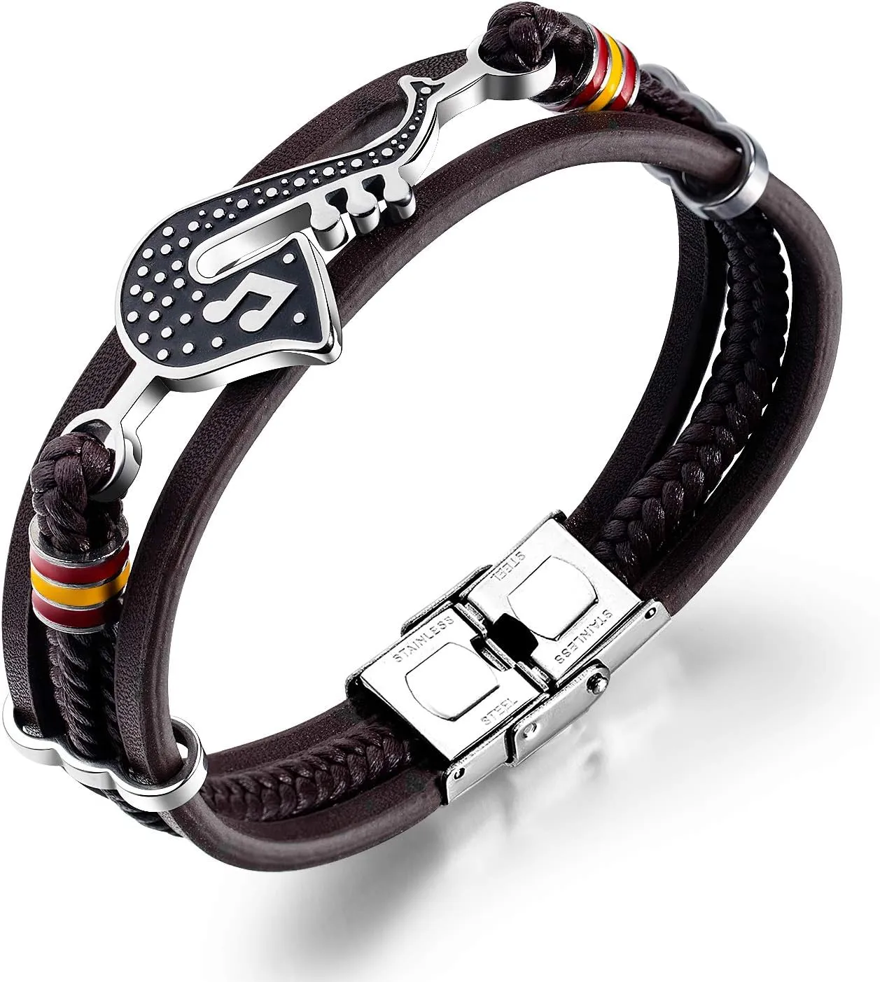 Eymi Mens Multilayer Braided Leather Cuff Bracelet Saxophone Jazz Music Jewelry, 8.3inch Adjustable