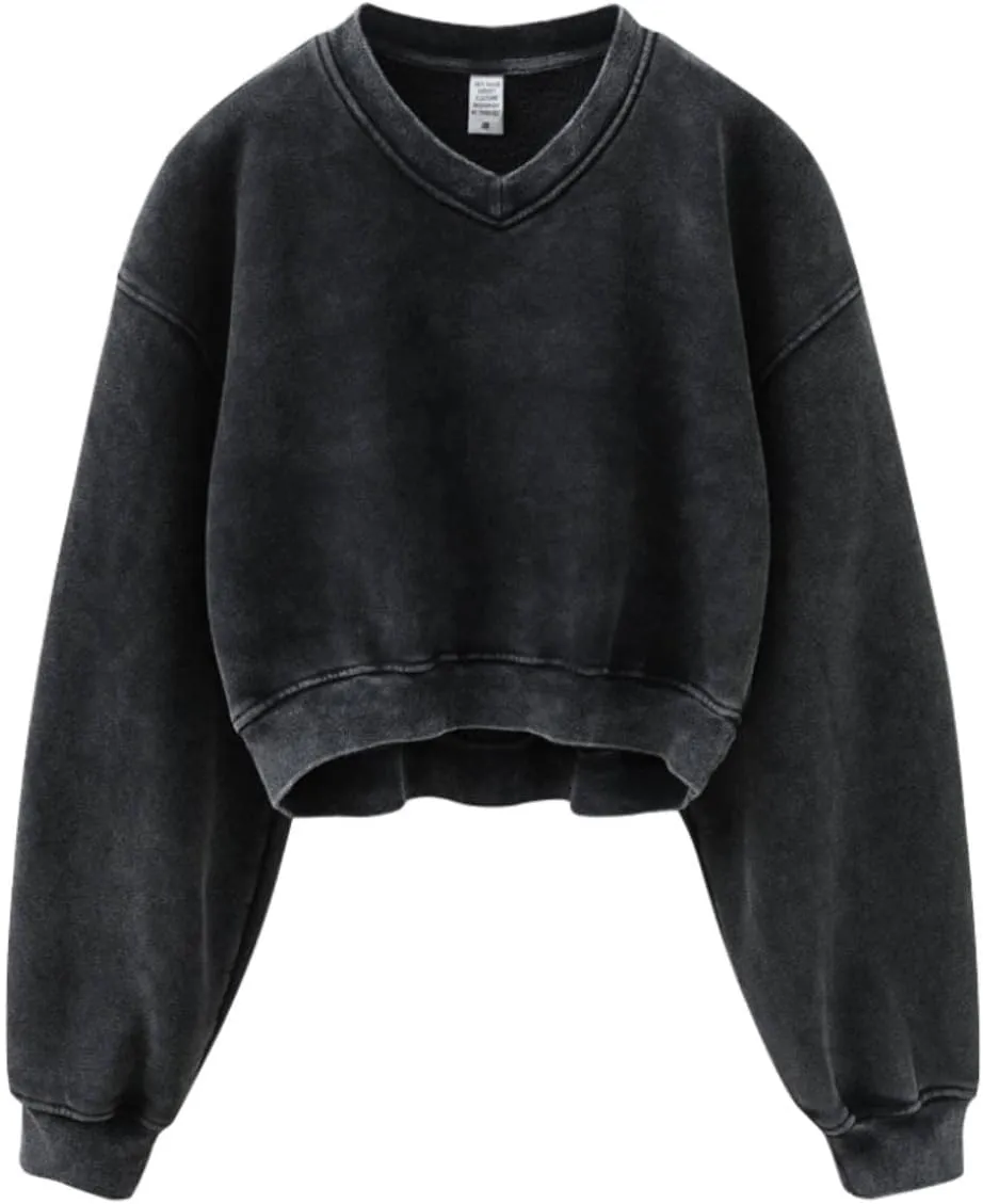 Hatant Sweatshirt for Women Acid Wash Athletic Hoodie Heritage Fleece V-neck Long Sleeve Hoodie Fleece Women Sweatshirt