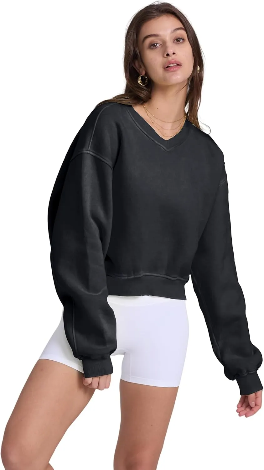 Hatant Sweatshirt for Women Acid Wash Athletic Hoodie Heritage Fleece V-neck Long Sleeve Hoodie Fleece Women Sweatshirt