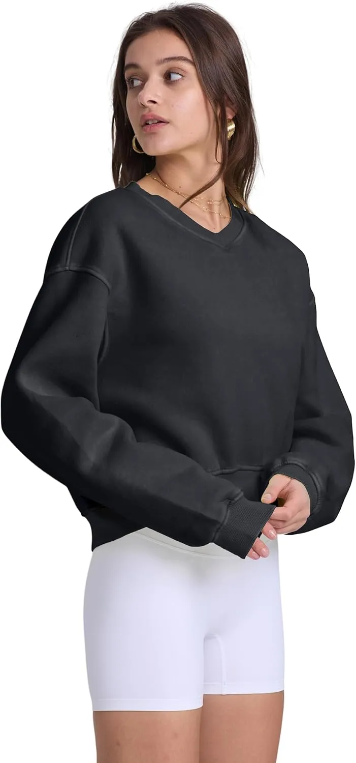 Hatant Sweatshirt for Women Acid Wash Athletic Hoodie Heritage Fleece V-neck Long Sleeve Hoodie Fleece Women Sweatshirt