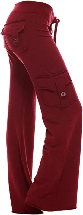hlysgo Wide Leg Cargo Pants for Women 2025 High Waisted Yoga Leggings with Pockets Plus Size Drawstring Straight Leg Pants
