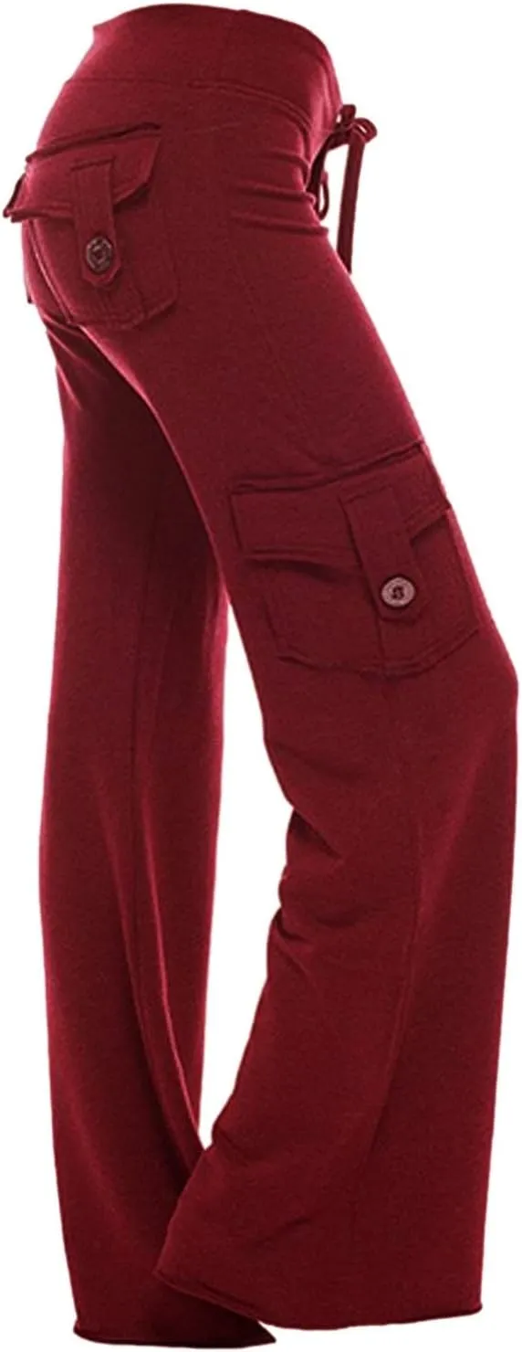 hlysgo Wide Leg Cargo Pants for Women 2025 High Waisted Yoga Leggings with Pockets Plus Size Drawstring Straight Leg Pants