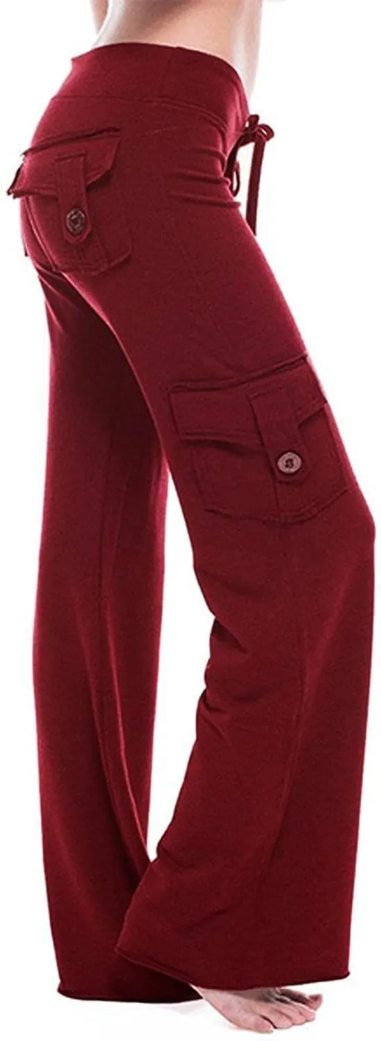 hlysgo Wide Leg Cargo Pants for Women 2025 High Waisted Yoga Leggings with Pockets Plus Size Drawstring Straight Leg Pants