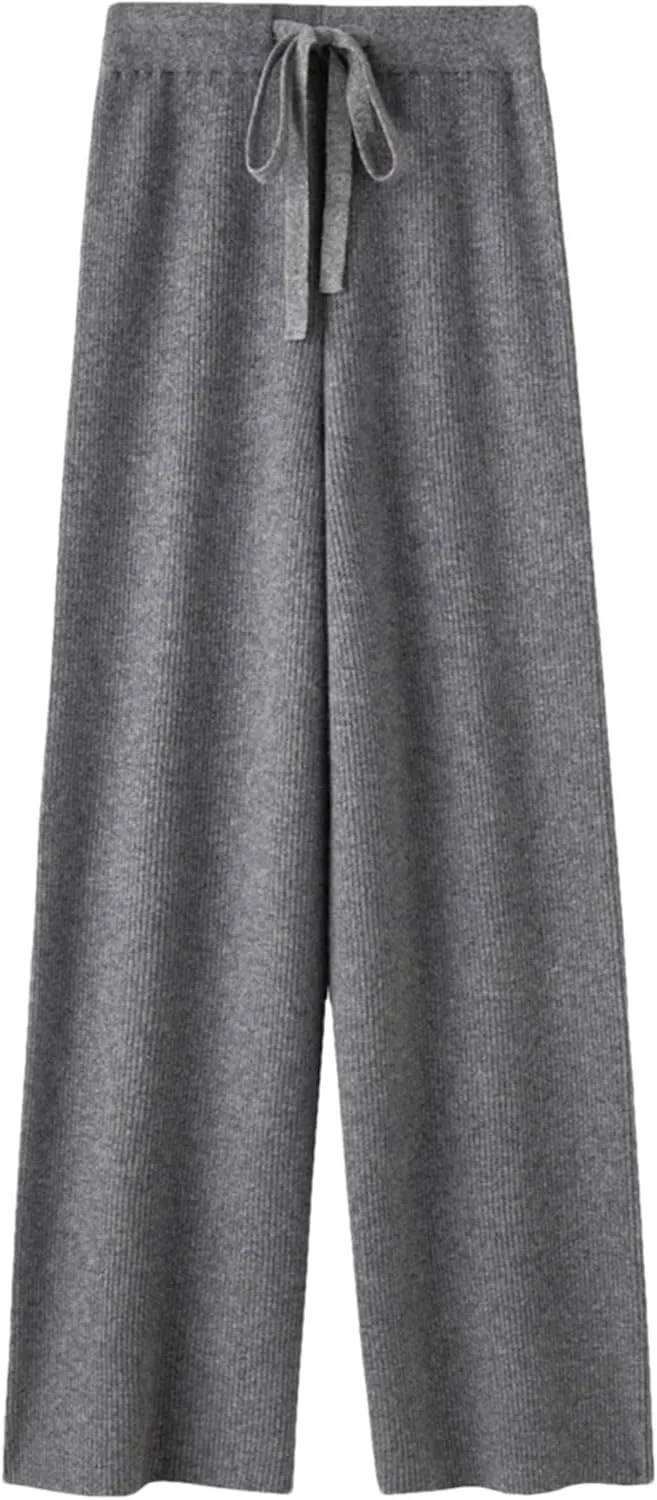 Hndudnff Women Wool Knitted Wide Leg Pants Winter Casual Loose Ribs Soft Floor Length Trousers