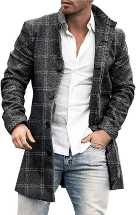 Houndstooth Overcoat for Men Single Breasted Color Block Patchwork Long Coats Hiking Outwear Sport Windbreaker Coats