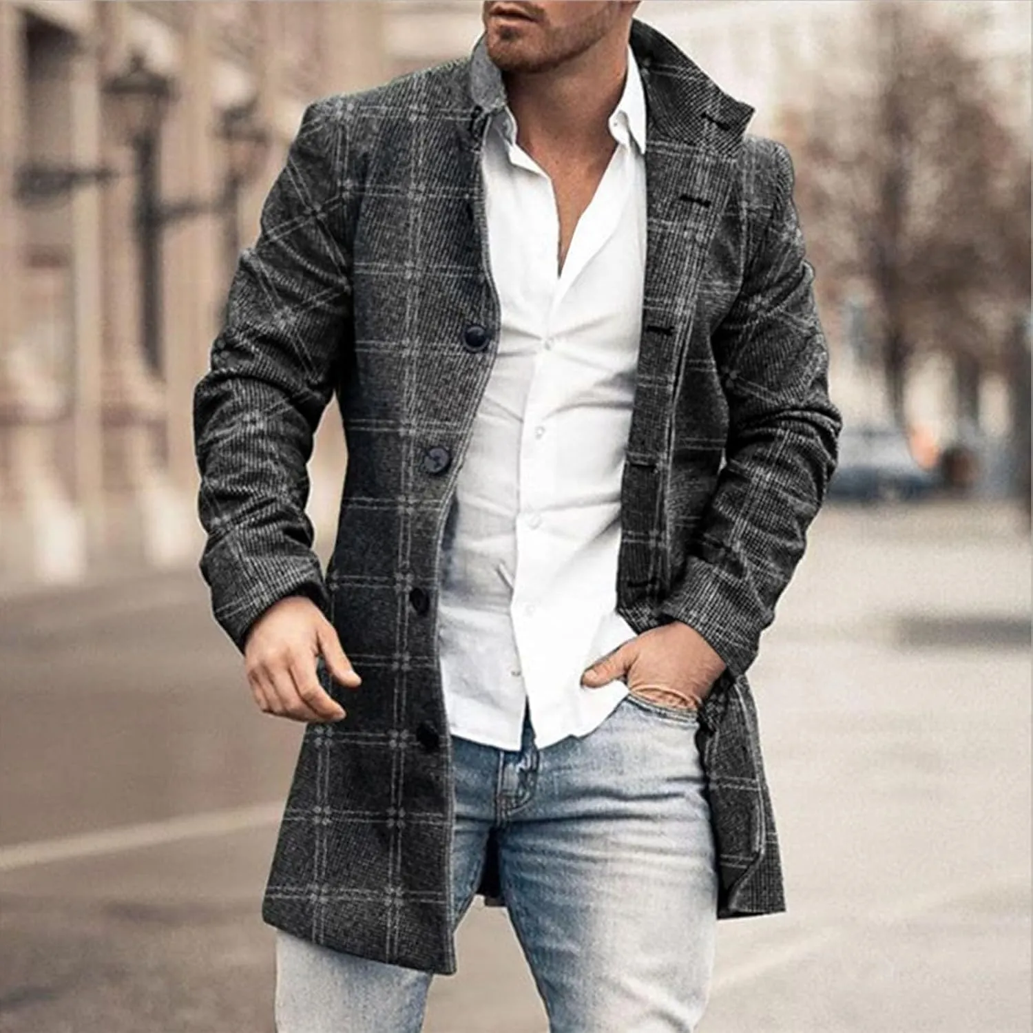 Houndstooth Overcoat for Men Single Breasted Color Block Patchwork Long Coats Hiking Outwear Sport Windbreaker Coats
