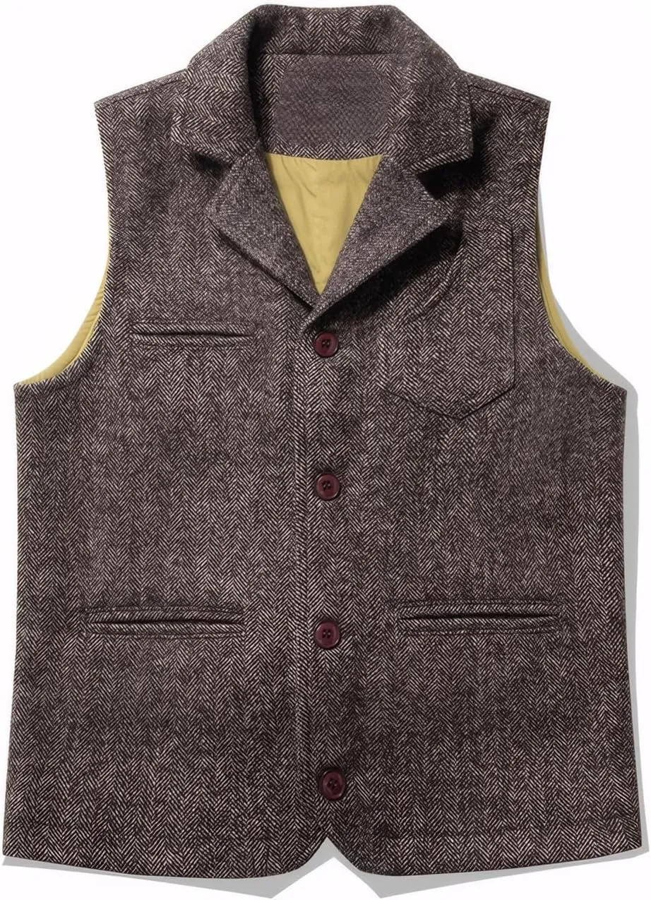JinXuanYa Men's Herringbone Vintage Coarse Wool Blend Buttoned Vest Tweed with Pockets Waistcoat