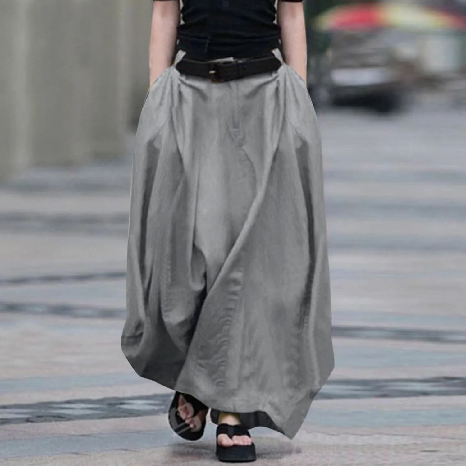 JOAU Women's Flowy Elastic High Waist A-Line Maxi Skirt - Summer Casual Lightweight Swing Long Skirts with Pockets