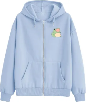 KEEVICI Cute Frog Crop Zip Up Hoodie Girls Kawaii Clothes Cottage Core Aesthetic Sweatshirt E Girl Cotton Jacket with Pockets