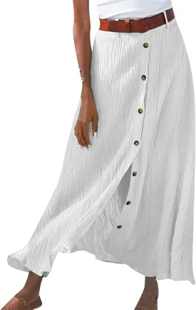 Linen Maxi Skirts for Women Summer Lightweight Midi Waisted Split Button Skorts Casual Breathable A Line Beach Skirt