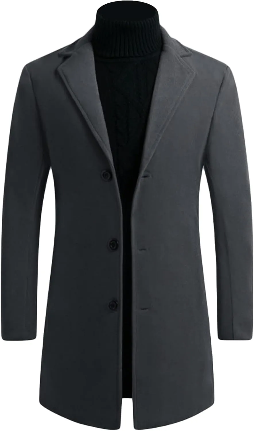 Maiyifu-GJ Mens Wool Blend Trench Coat Mid-Length Notched Collar Long Top Pea Coats Business Single Breasted Jacket Overcoat