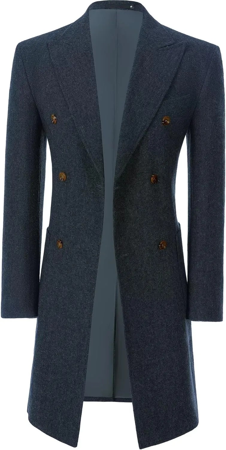 Men Trench Coat Classic Warm Peak Lapel Peacoat Mens Double Breasted Business Long Winter Mens Overcoat with Pockets