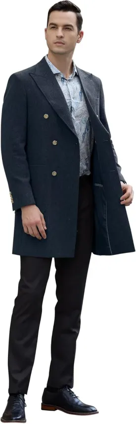 Men Trench Coat Classic Warm Peak Lapel Peacoat Mens Double Breasted Business Long Winter Mens Overcoat with Pockets