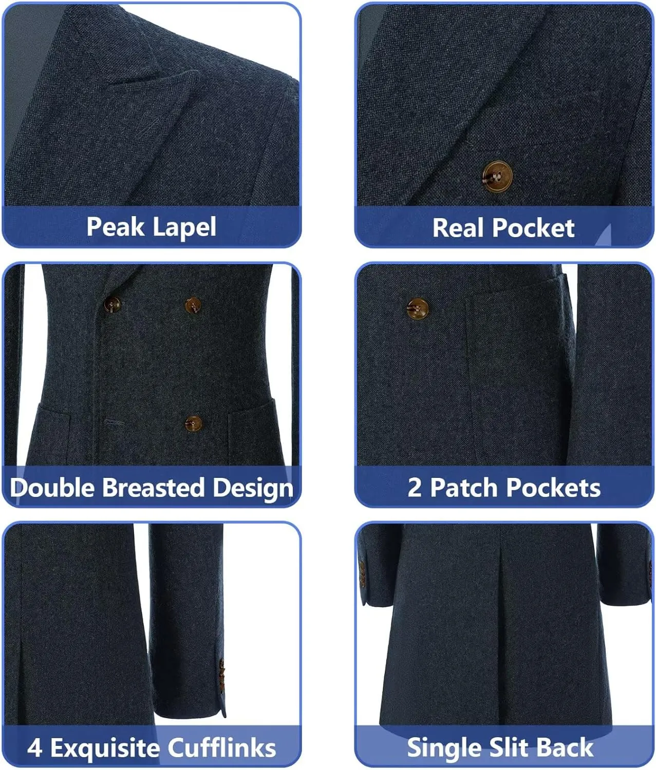 Men Trench Coat Classic Warm Peak Lapel Peacoat Mens Double Breasted Business Long Winter Mens Overcoat with Pockets