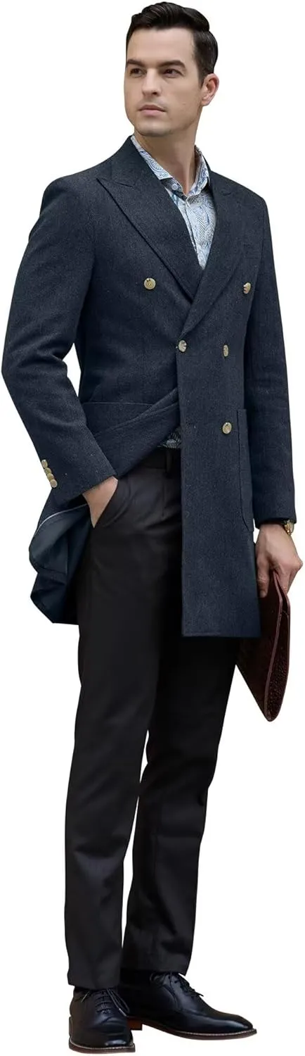 Men Trench Coat Classic Warm Peak Lapel Peacoat Mens Double Breasted Business Long Winter Mens Overcoat with Pockets