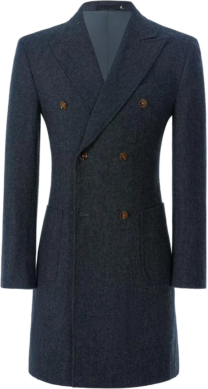 Men Trench Coat Classic Warm Peak Lapel Peacoat Mens Double Breasted Business Long Winter Mens Overcoat with Pockets
