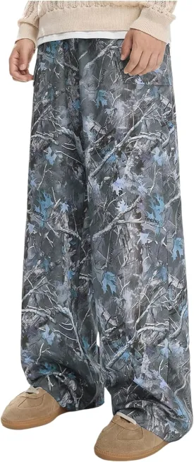 Men's Camo Print Straight Leg Pants Elastic Waist Loose Casual Trousers Streetwear