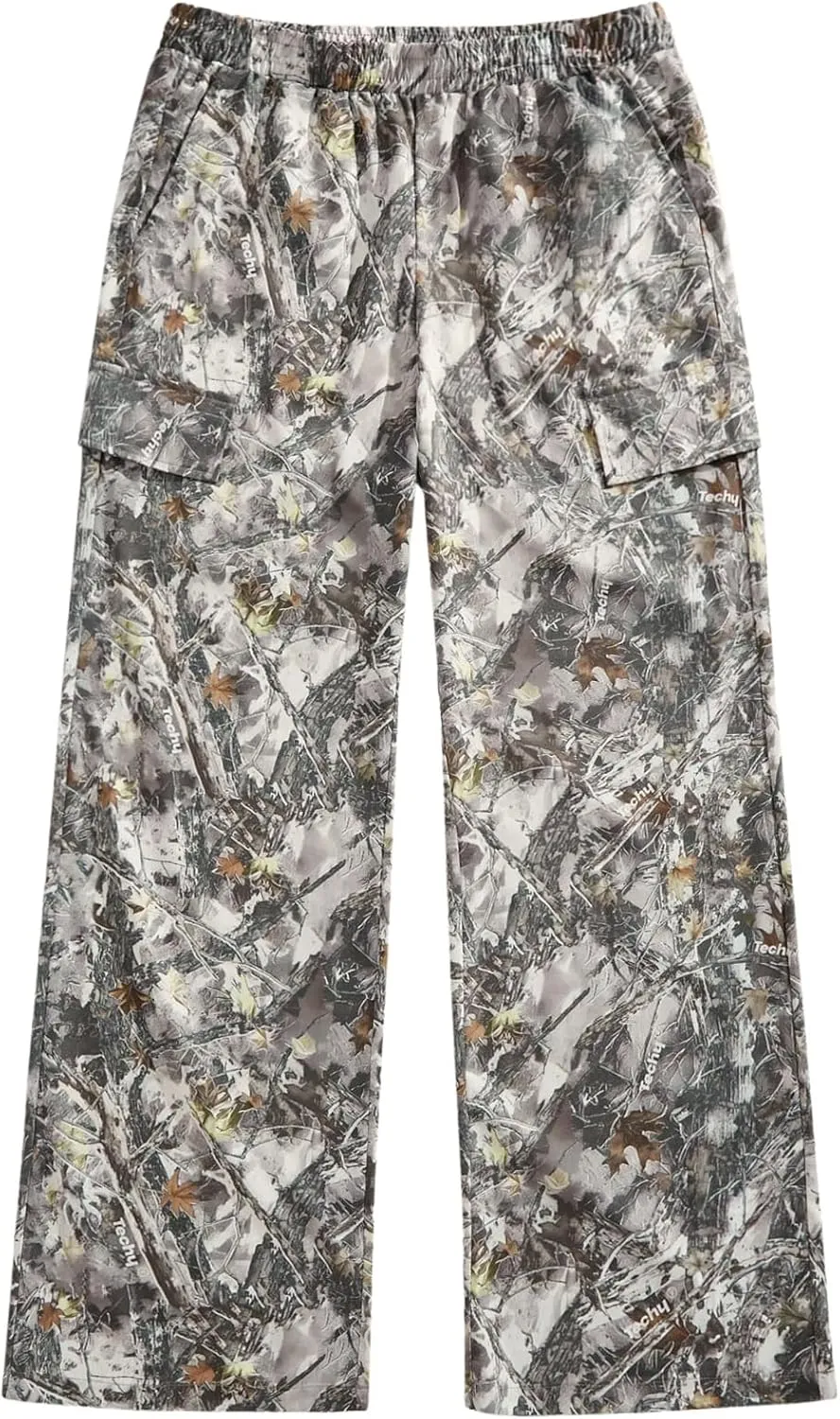 Men's Camo Print Straight Leg Pants Elastic Waist Loose Casual Trousers Streetwear