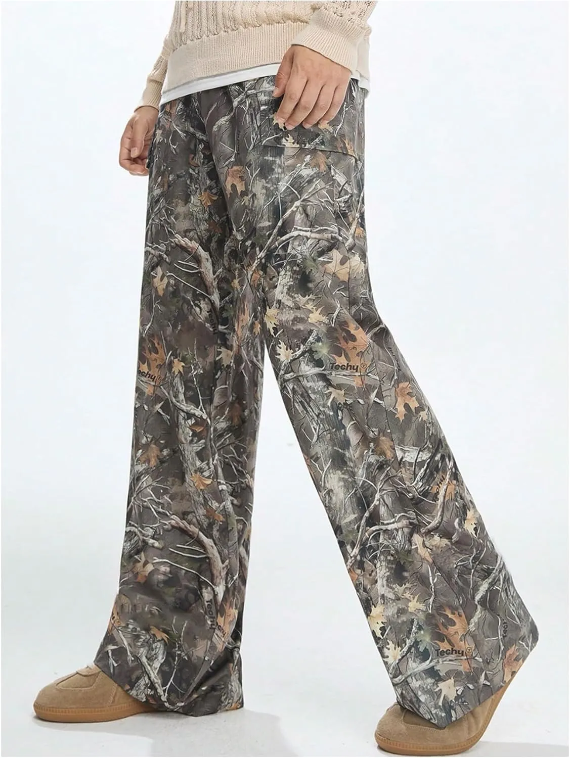 Men's Camo Print Straight Leg Pants Elastic Waist Loose Casual Trousers Streetwear