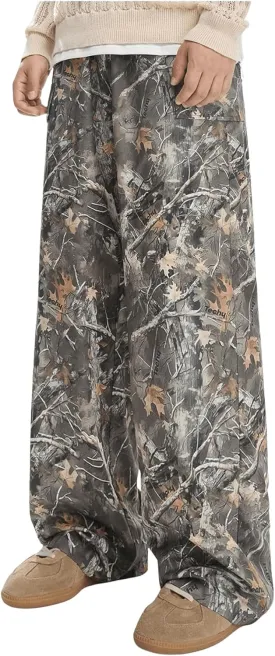 Men's Camo Print Straight Leg Pants Elastic Waist Loose Casual Trousers Streetwear