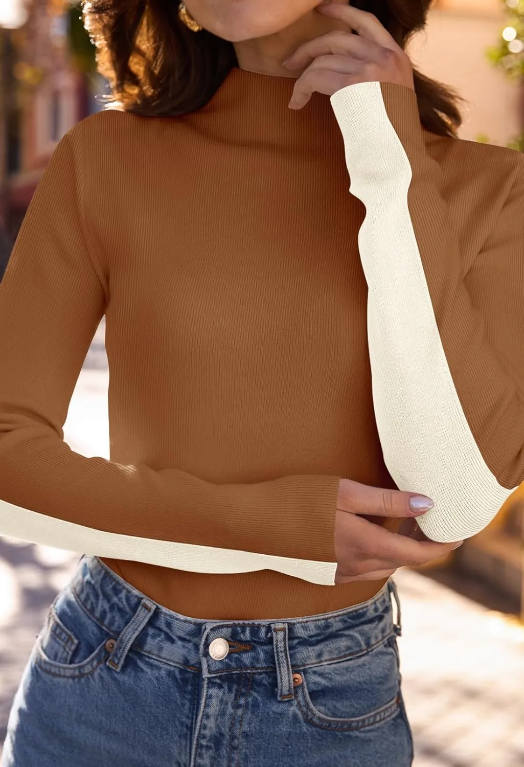 MEROKEETY Women's 2025 Fall Mock Neck Lightweight Pullover Sweater Fitted Ribbed Long Sleeve Color Block Knit Tee Shirt Tops
