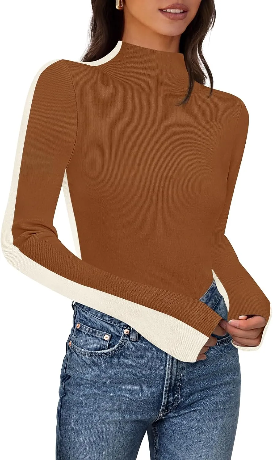 MEROKEETY Women's 2025 Fall Mock Neck Lightweight Pullover Sweater Fitted Ribbed Long Sleeve Color Block Knit Tee Shirt Tops