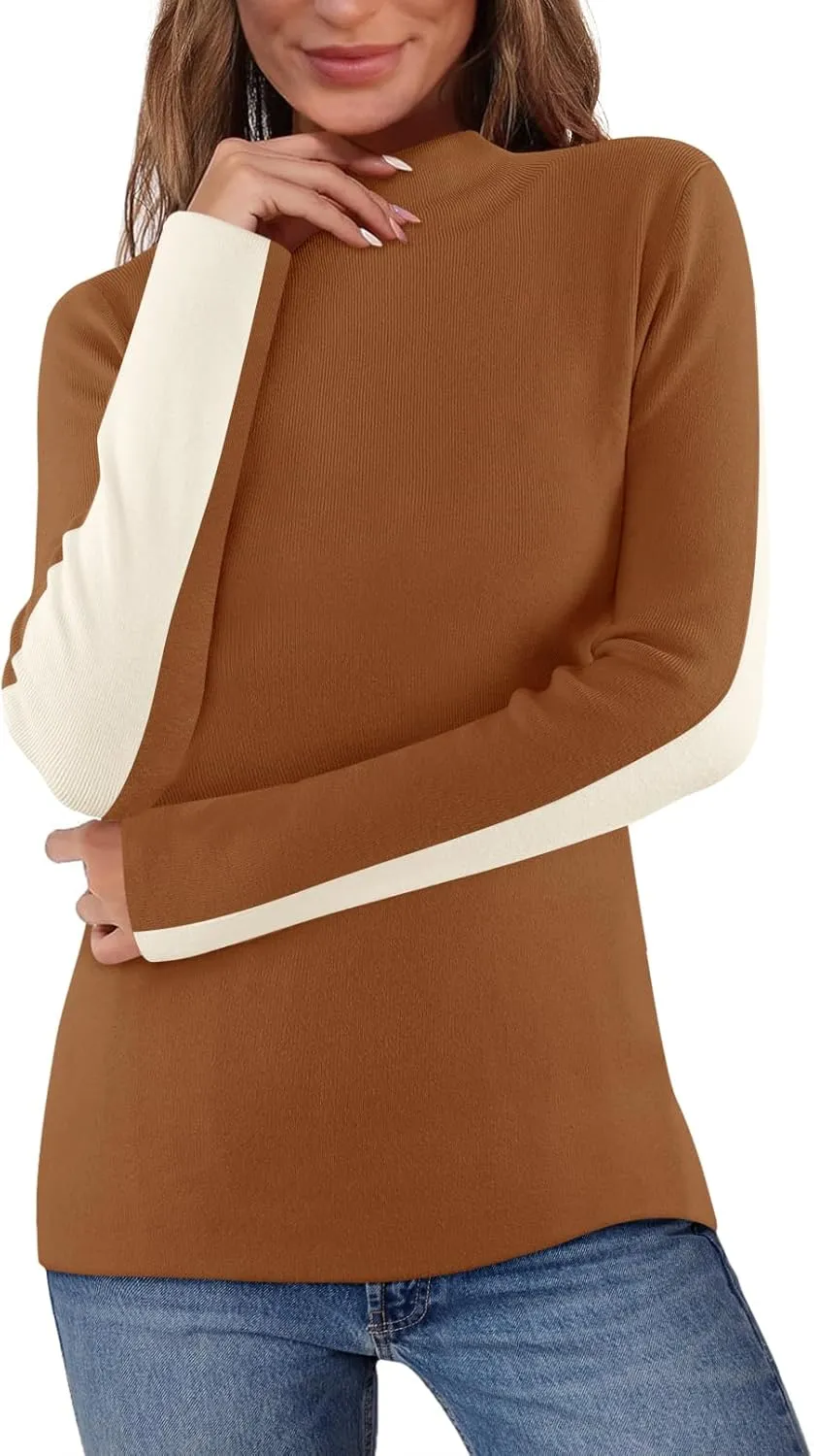 MEROKEETY Women's 2025 Fall Mock Neck Lightweight Pullover Sweater Fitted Ribbed Long Sleeve Color Block Knit Tee Shirt Tops