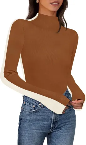 MEROKEETY Women's 2025 Fall Mock Neck Lightweight Pullover Sweater Fitted Ribbed Long Sleeve Color Block Knit Tee Shirt Tops