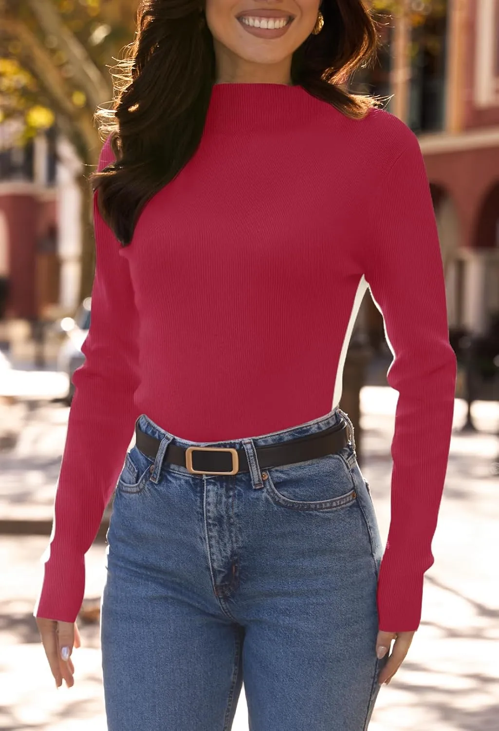 MEROKEETY Women's 2025 Fall Mock Neck Lightweight Pullover Sweater Fitted Ribbed Long Sleeve Color Block Knit Tee Shirt Tops