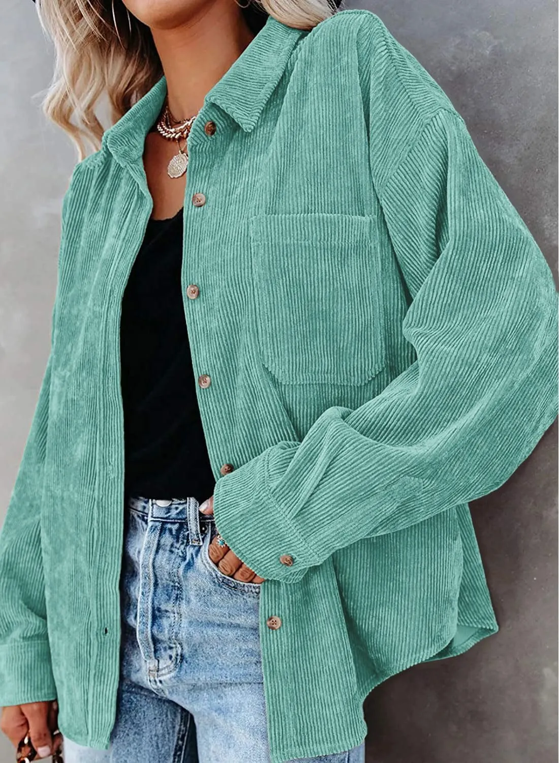 MIHOLL Womens Corduroy Button Down Shirts Casual Long Sleeve Jacket Oversized Boyfriend Blouses Tops with Pockets