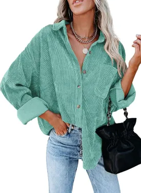 MIHOLL Womens Corduroy Button Down Shirts Casual Long Sleeve Jacket Oversized Boyfriend Blouses Tops with Pockets