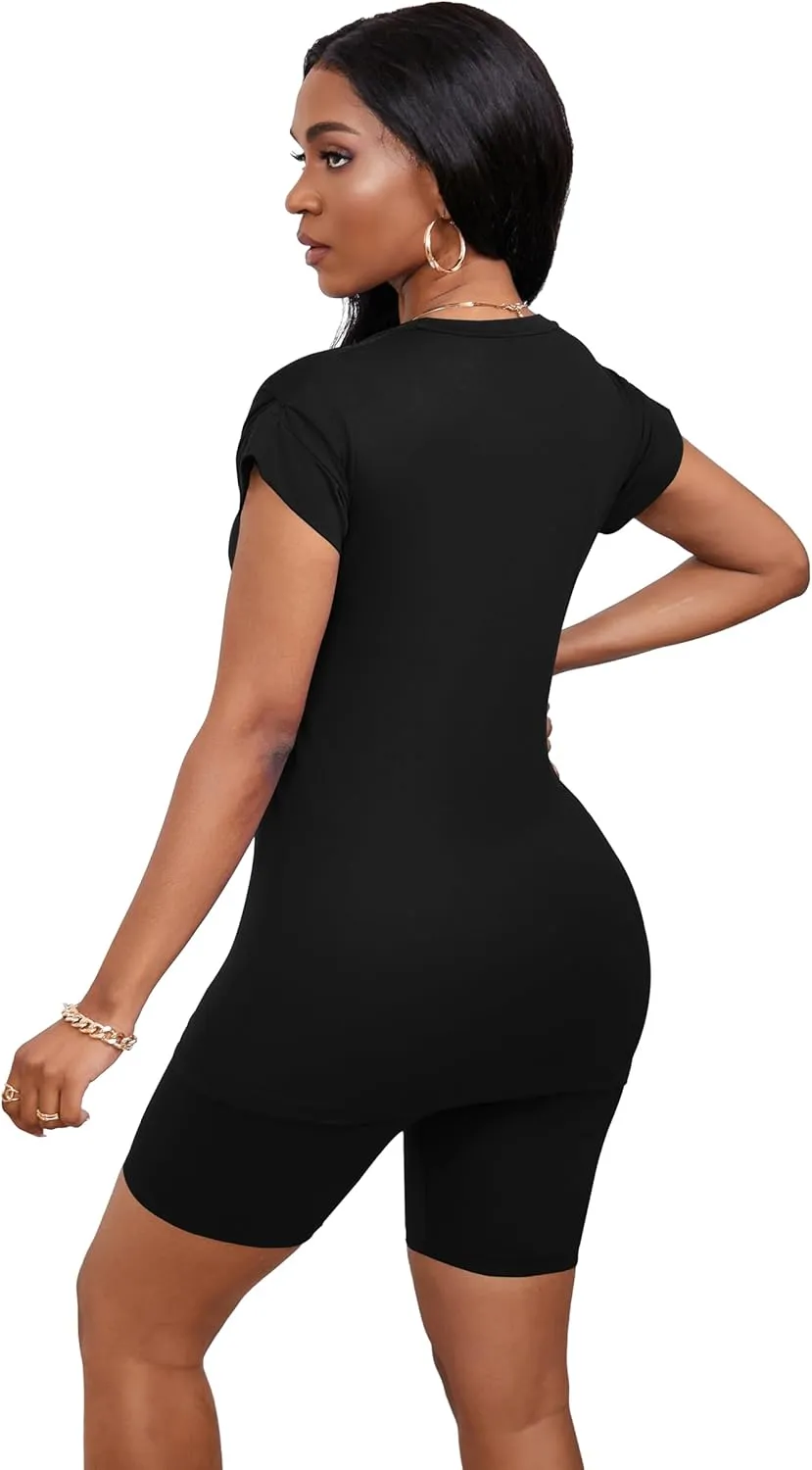 PINSV Women 2 Piece Outfits Summer Sweatsuits Biker Short Workout Jogger Sets