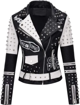 RISISSIDA Women Faux Leather Jacket Studded Rivet Spring Fall Winter Fashion, Moto Biker Trendy Clothes Streetwear Belted