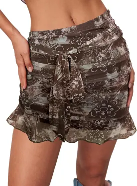 SEBOWEL Women Floral Mesh Mini Skirt Summer Ruffle Layered Sheer See Through Skirt Ruched Wrap Bodycon Sexy Short Skirts