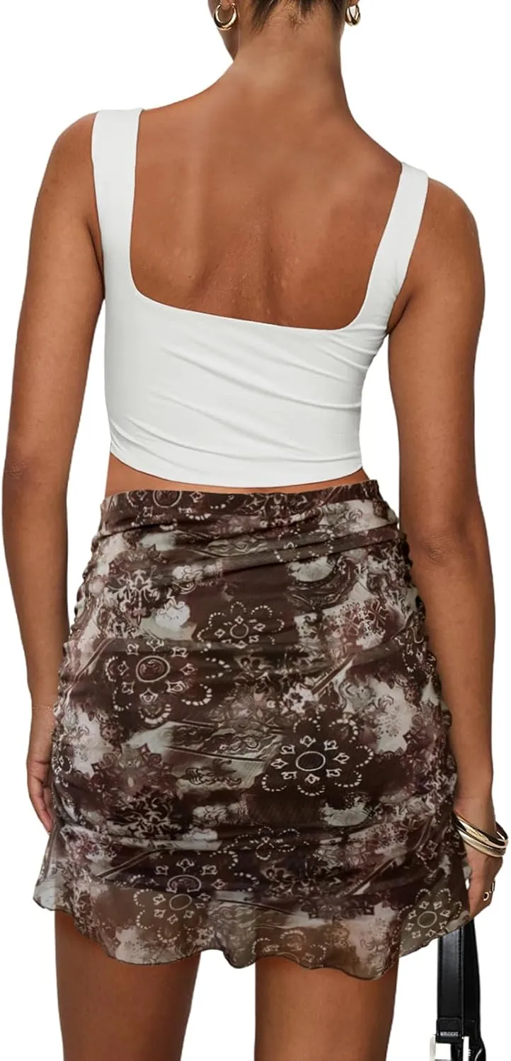SEBOWEL Women Floral Mesh Mini Skirt Summer Ruffle Layered Sheer See Through Skirt Ruched Wrap Bodycon Sexy Short Skirts